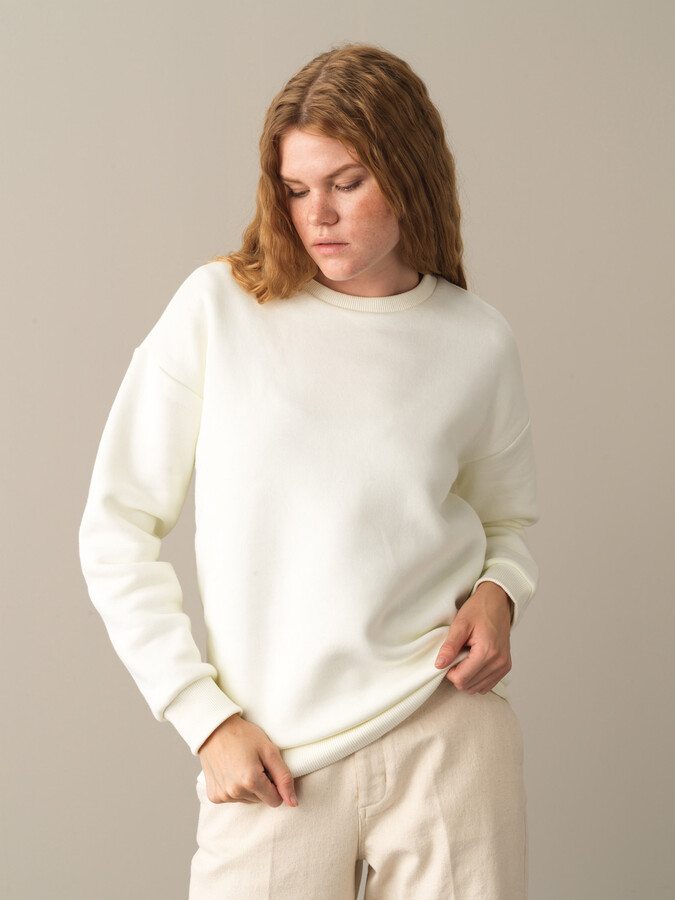 Ekru Pamuk Dokulu Pamuklu Oversize Sweatshirt - Xint