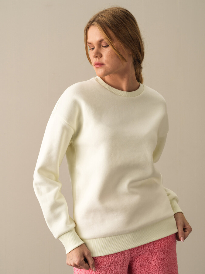 Ekru Pamuk Dokulu Oversize Baskılı Sweatshirt - Xint