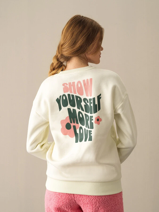 Ekru Pamuk Dokulu Oversize Baskılı Sweatshirt - Xint