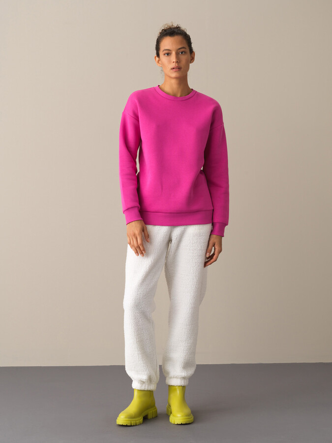Fuşya Pamuk Dokulu Oversize Baskılı Sweatshirt - Xint