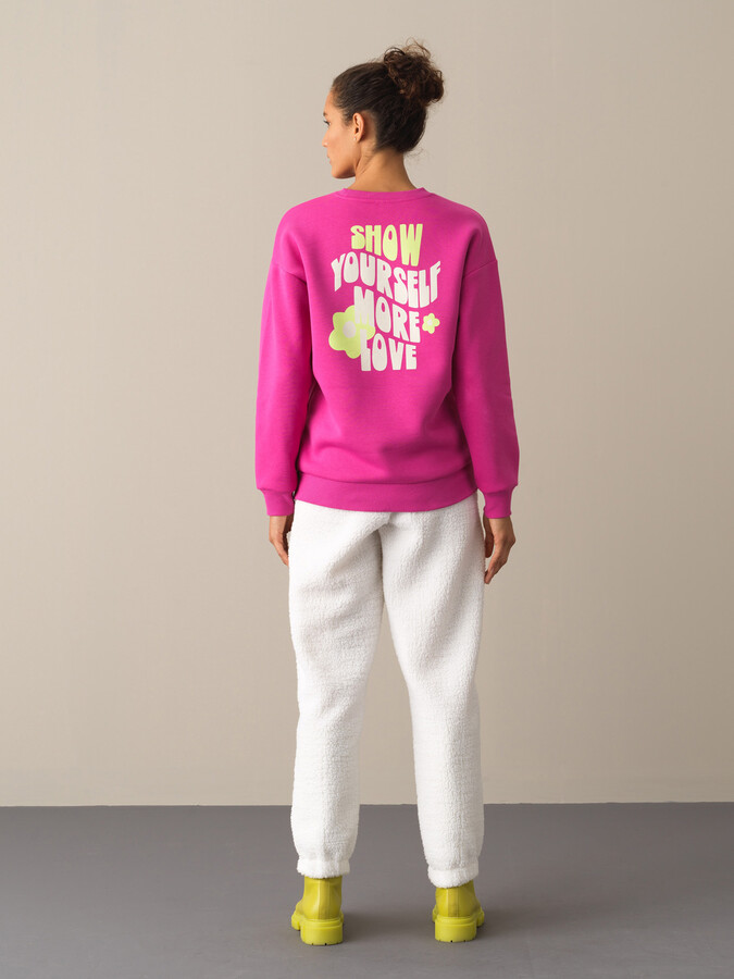 Fuşya Pamuk Dokulu Oversize Baskılı Sweatshirt - Xint