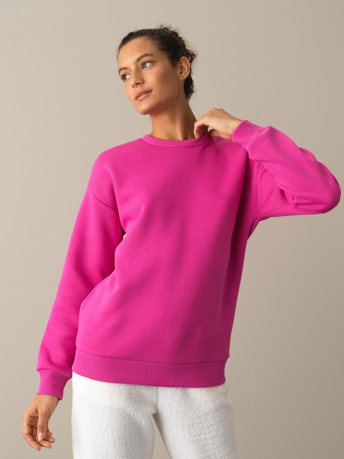 Fuşya Pamuk Dokulu Oversize Baskılı Sweatshirt  