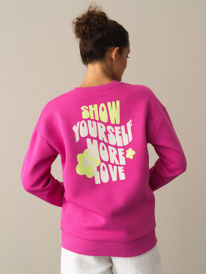 Fuşya Pamuk Dokulu Oversize Baskılı Sweatshirt - Xint