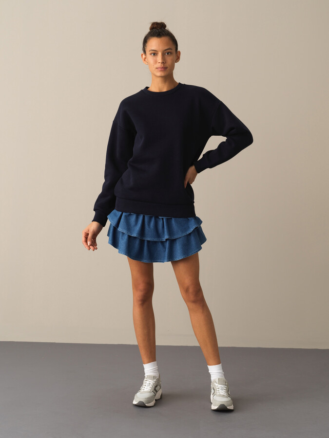 Lacivert Pamuk Dokulu Oversize Baskılı Sweatshirt - Xint