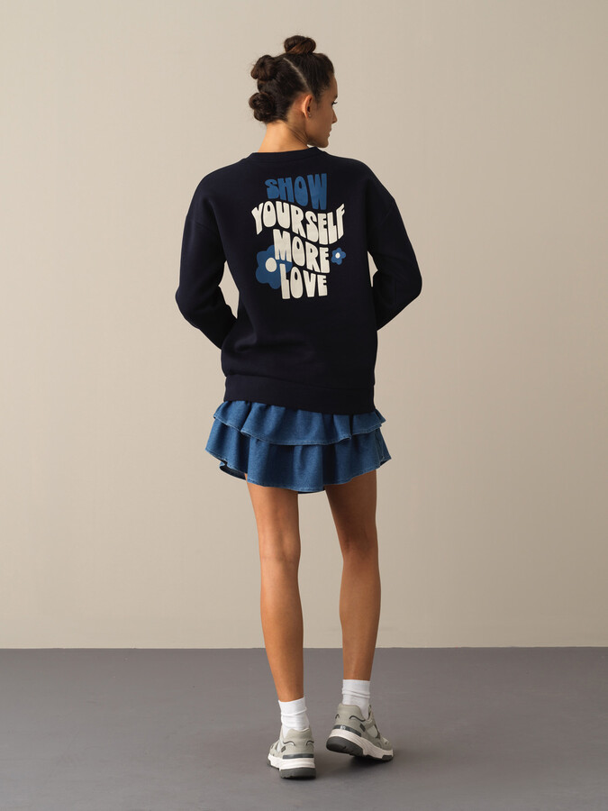 Lacivert Pamuk Dokulu Oversize Baskılı Sweatshirt - Xint