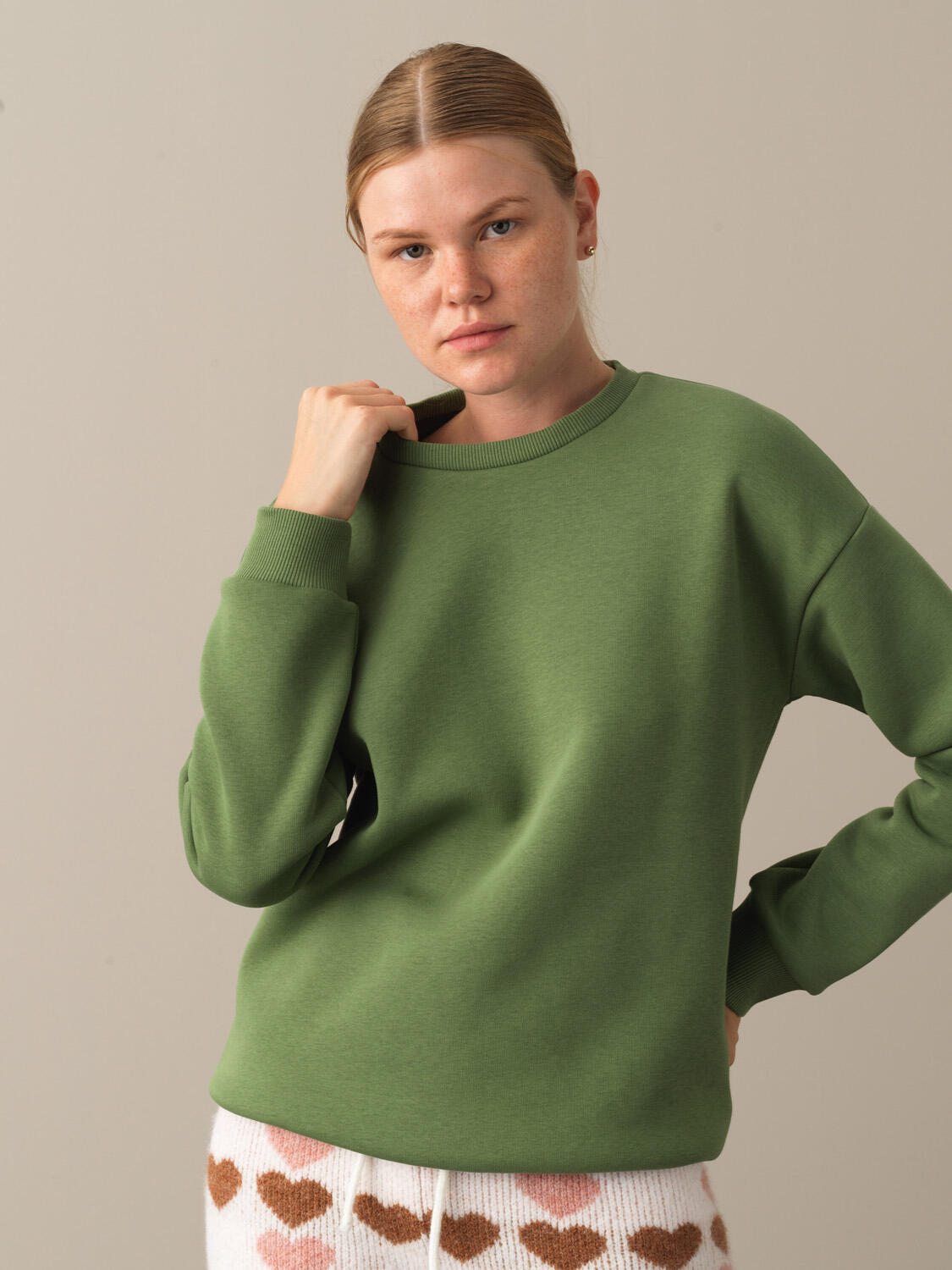 Yeşil Pamuk Dokulu Pamuklu Oversize Sweatshirt  