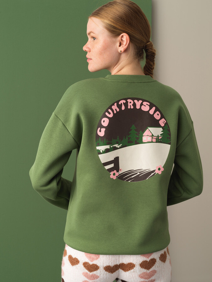 Yeşil Pamuk Dokulu Pamuklu Oversize Sweatshirt - Xint