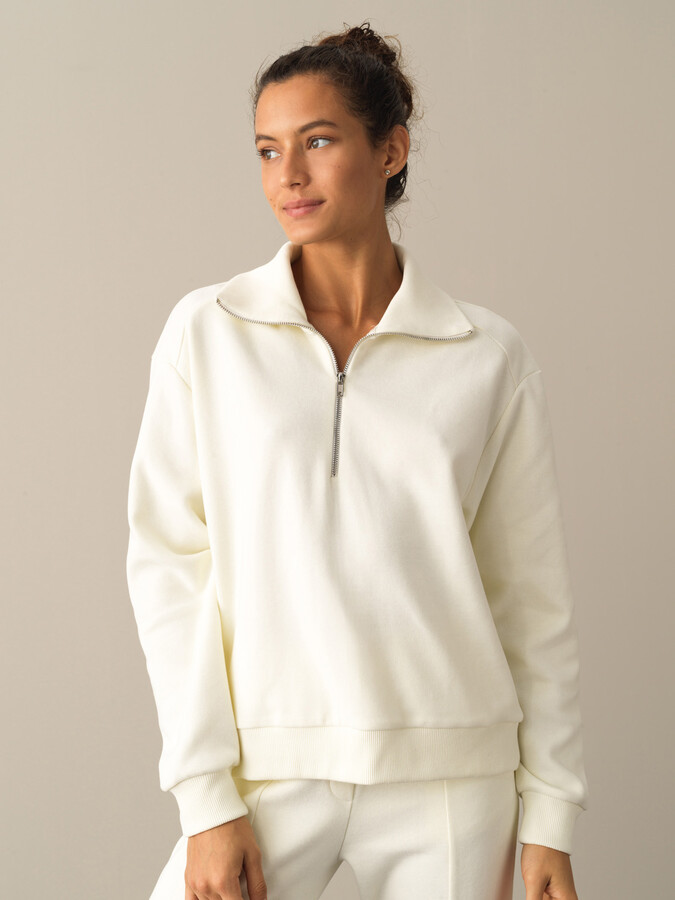 Ekru Pamuk Dokulu Pamuklu Oversize Sweatshirt - Xint