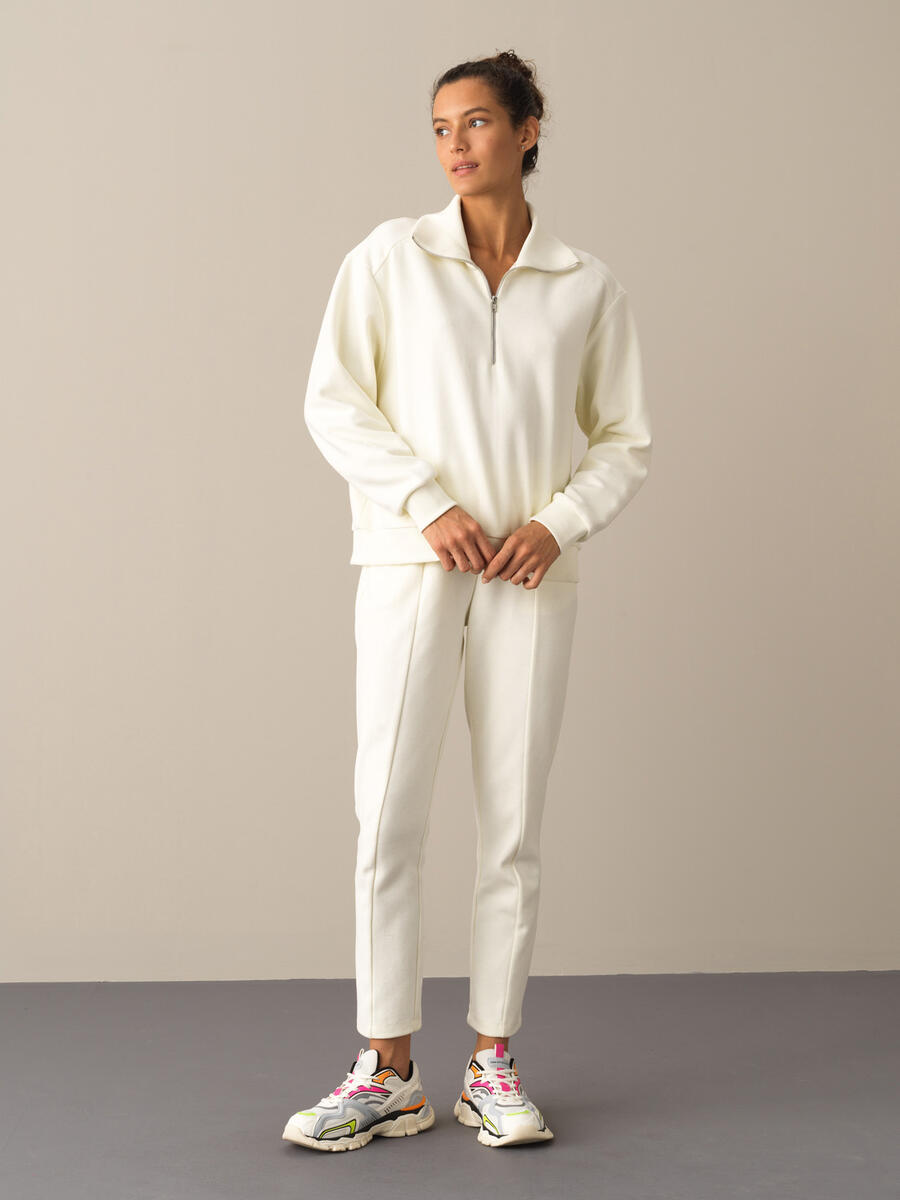 Ekru Pamuk Dokulu Pamuklu Oversize Sweatshirt - 2