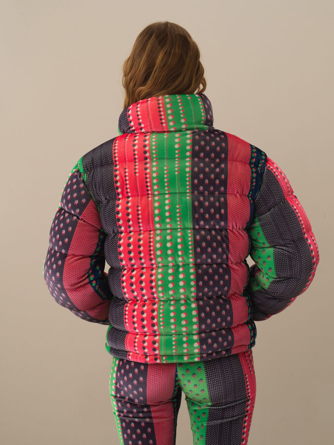 Stand Collar Oversized Panel Printed Puffer Jacket - Xint