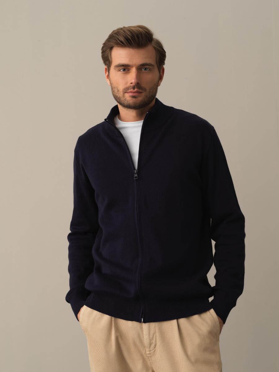 Stand Collar Zippered Basic Cardigan - 1