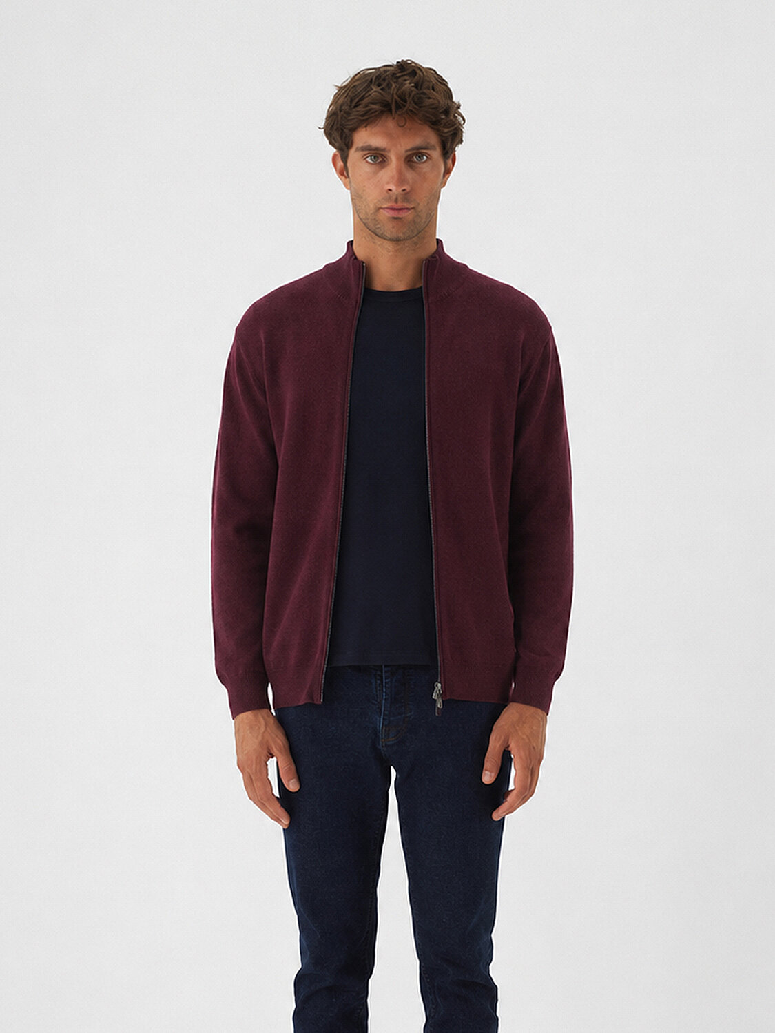 Stand Collar Zippered Basic Cardigan - 1