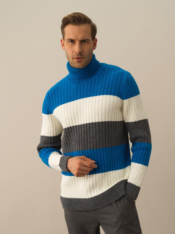 Turtleneck Regular Fit Striped Wool Sweater - Xint