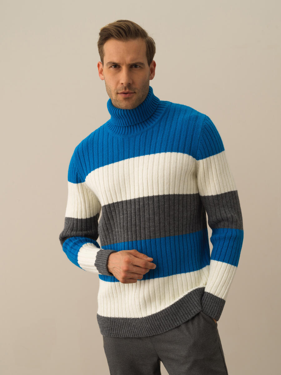 Turtleneck Regular Fit Striped Wool Sweater