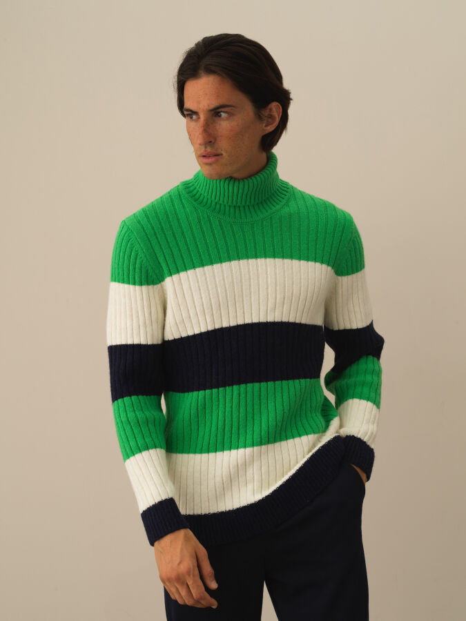 Turtleneck Regular Fit Striped Wool Sweater - Xint