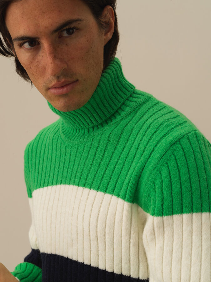 Turtleneck Regular Fit Striped Wool Sweater - Xint