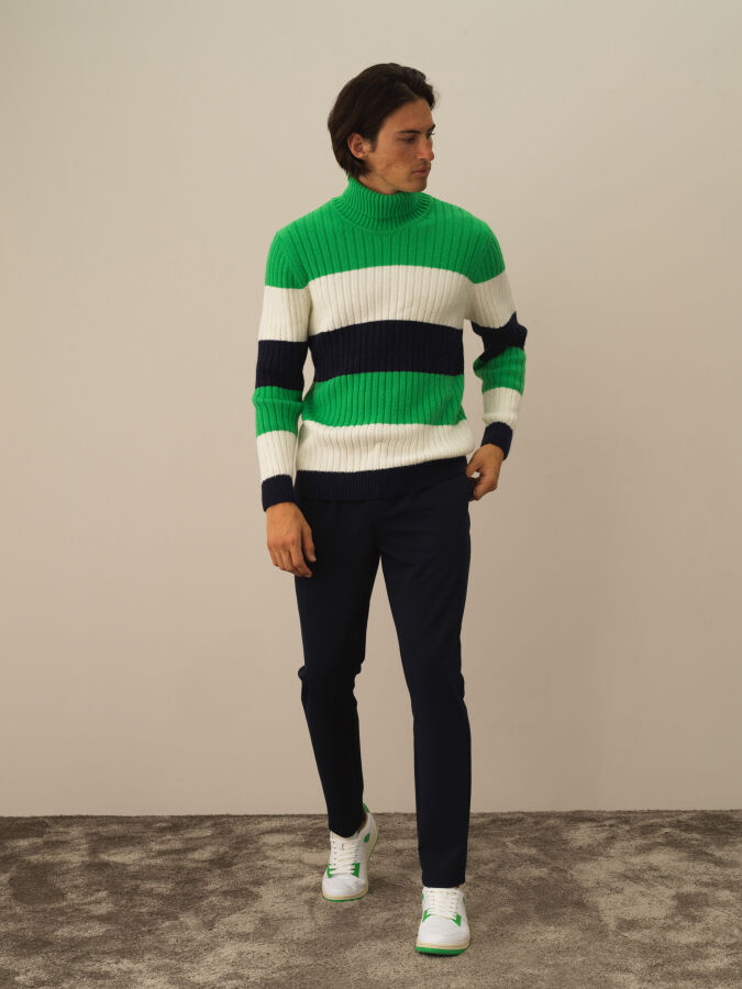 Turtleneck Regular Fit Striped Wool Sweater - Xint