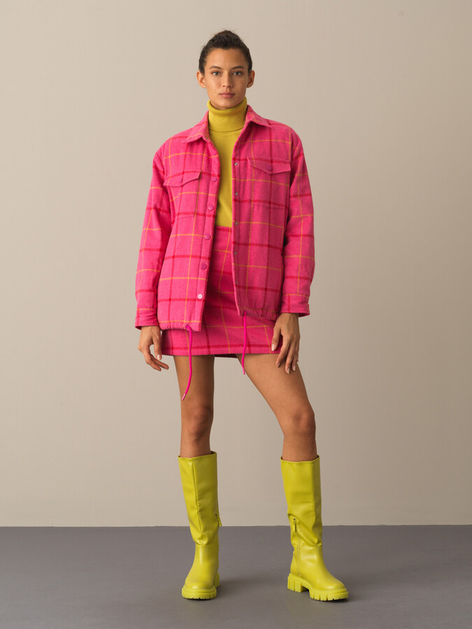 Cotton Snap Button Oversized Checked Jacket - Xint