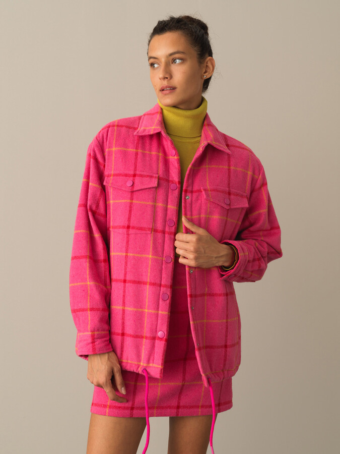 Cotton Snap Button Oversized Checked Jacket - Xint