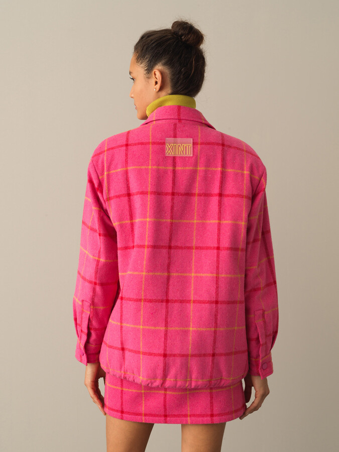 Cotton Snap Button Oversized Checked Jacket - Xint