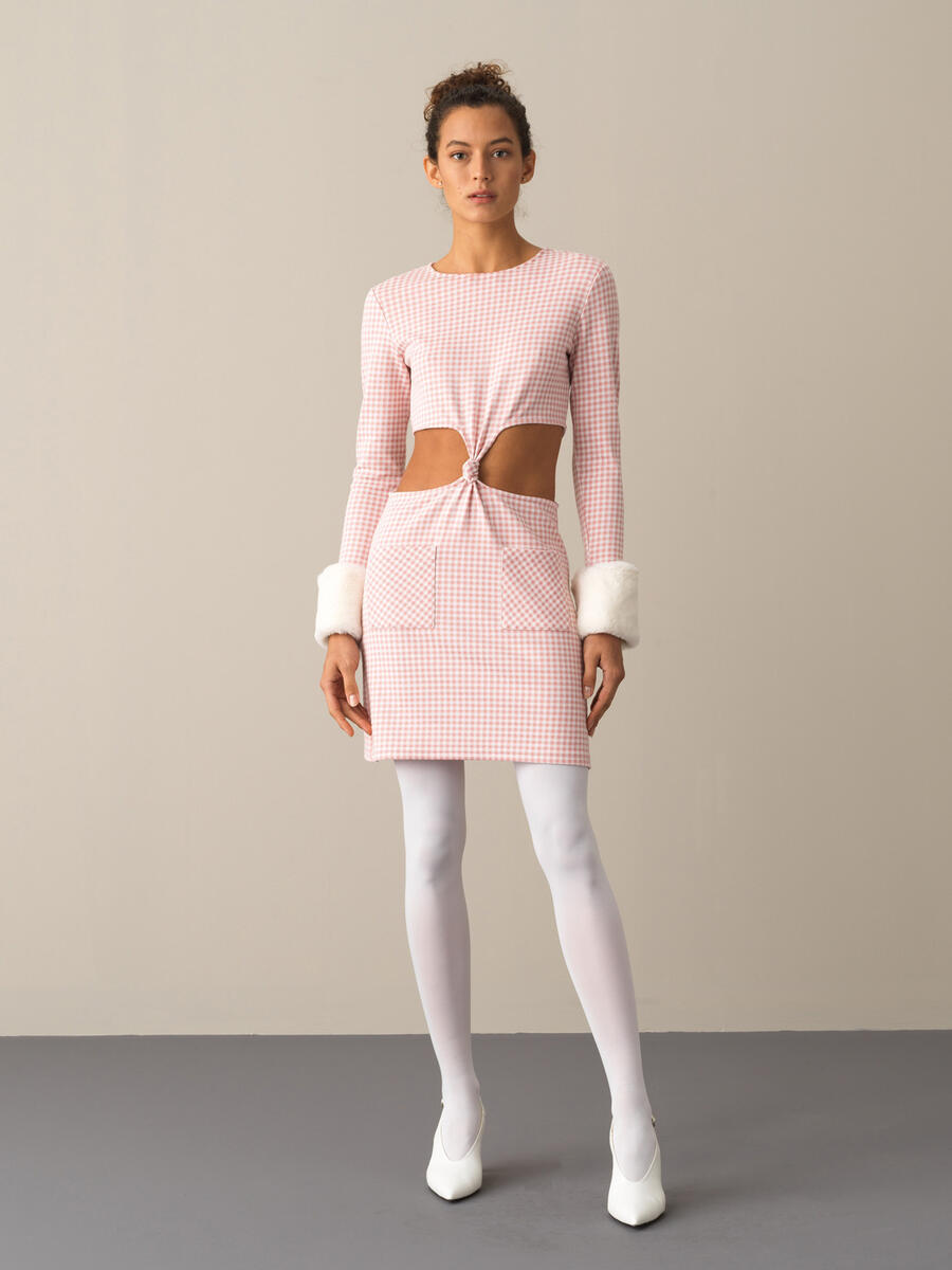 Crew Neck Cotton Slim Fit Checked Mini Dress