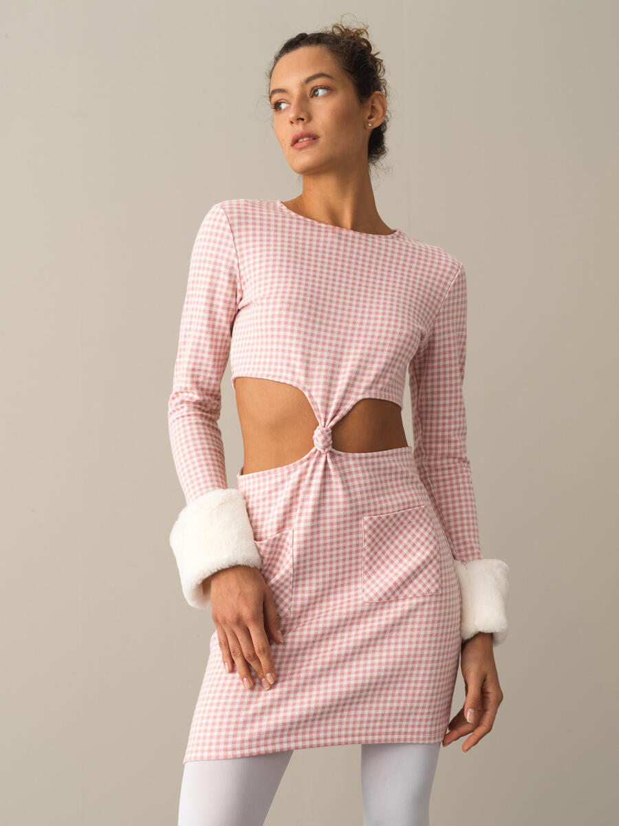 Crew Neck Cotton Slim Fit Checked Mini Dress - 2