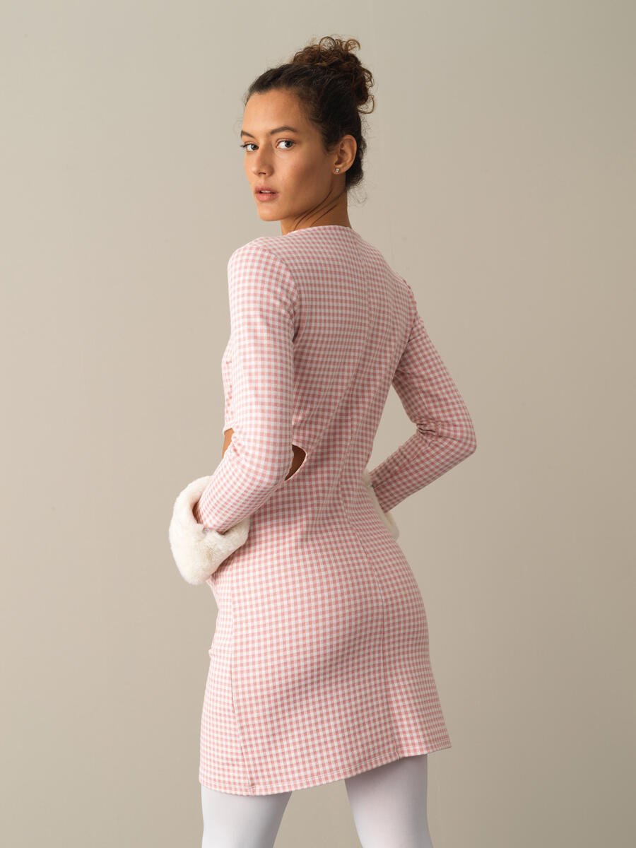 Crew Neck Cotton Slim Fit Checked Mini Dress - 4