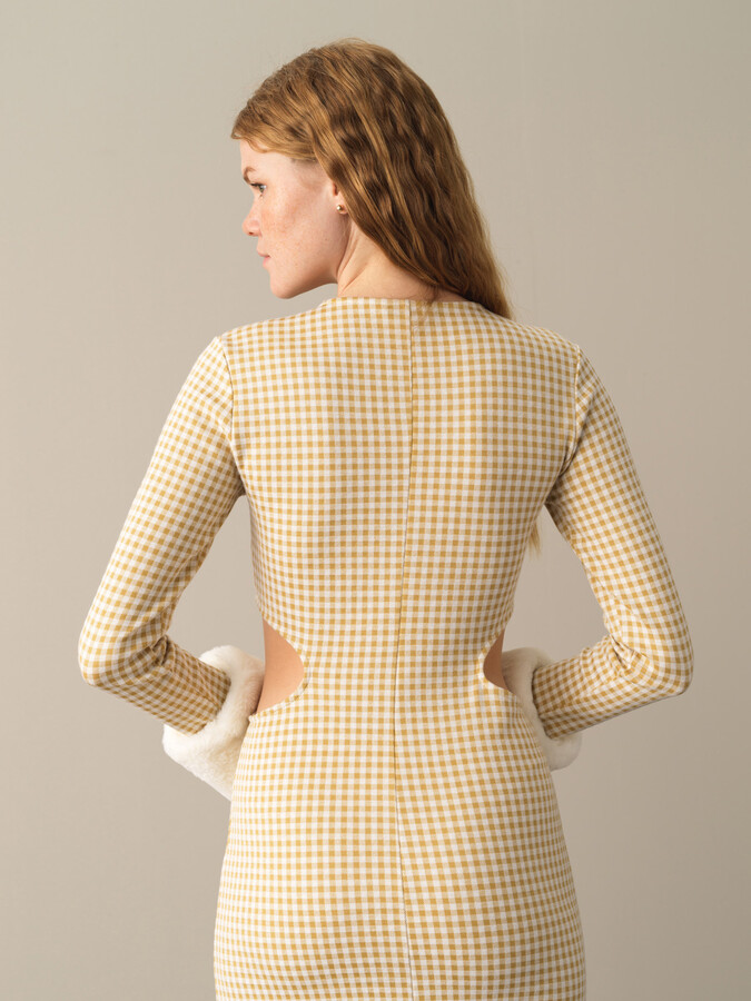 Crew Neck Cotton Slim Fit Checked Mini Dress - Xint