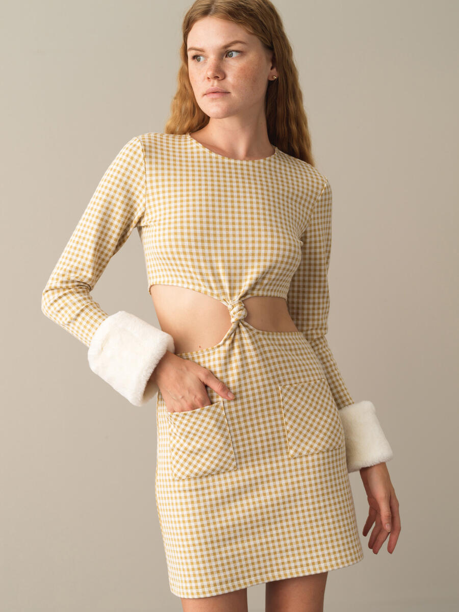 Crew Neck Cotton Slim Fit Checked Mini Dress - 2