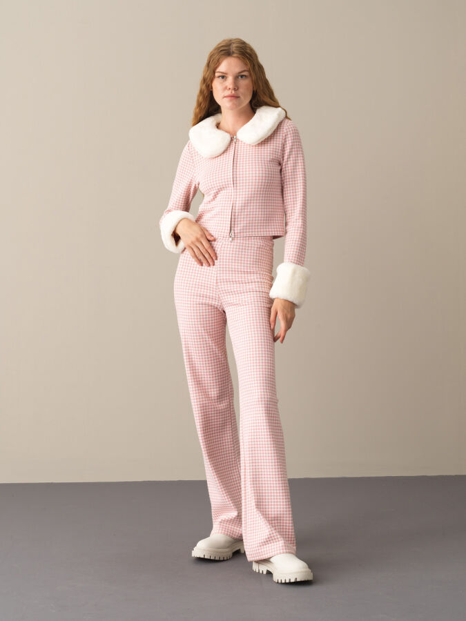 Fur-Collared Cotton Regular Fit Checked Jacket - Xint