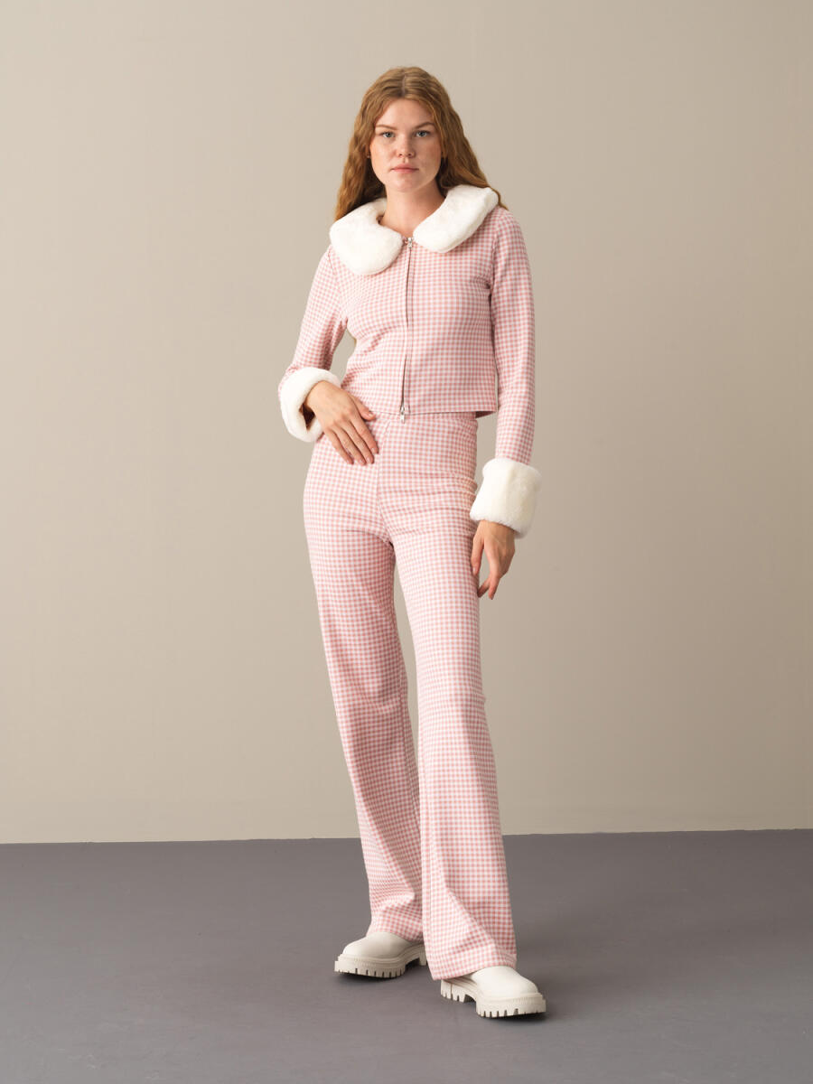 Fur-Collared Cotton Regular Fit Checked Jacket - 2