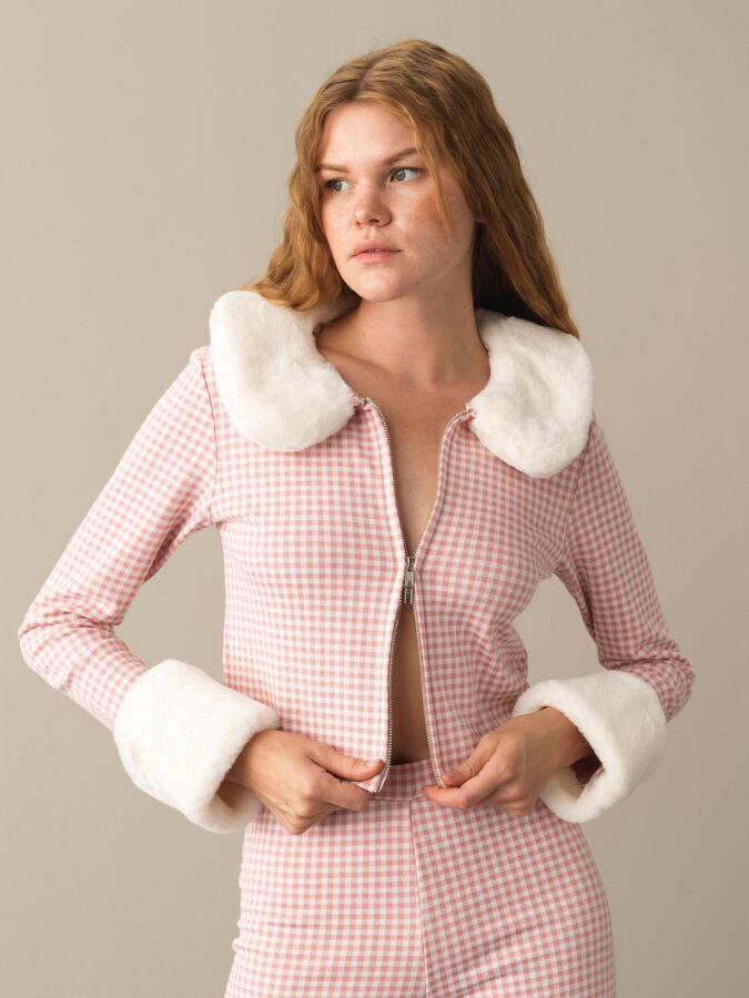 Fur-Collared Cotton Regular Fit Checked Jacket - Xint