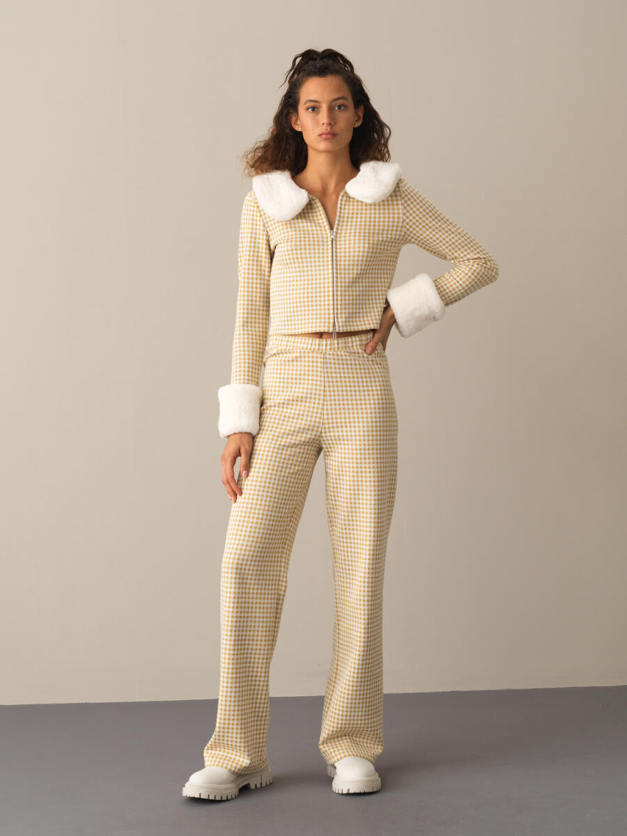 Fur-Collared Cotton Regular Fit Checked Jacket - 2