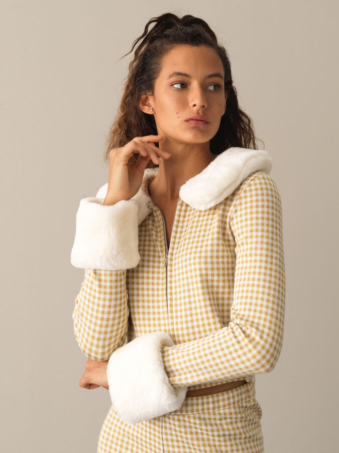 Fur-Collared Cotton Regular Fit Checked Jacket - Xint