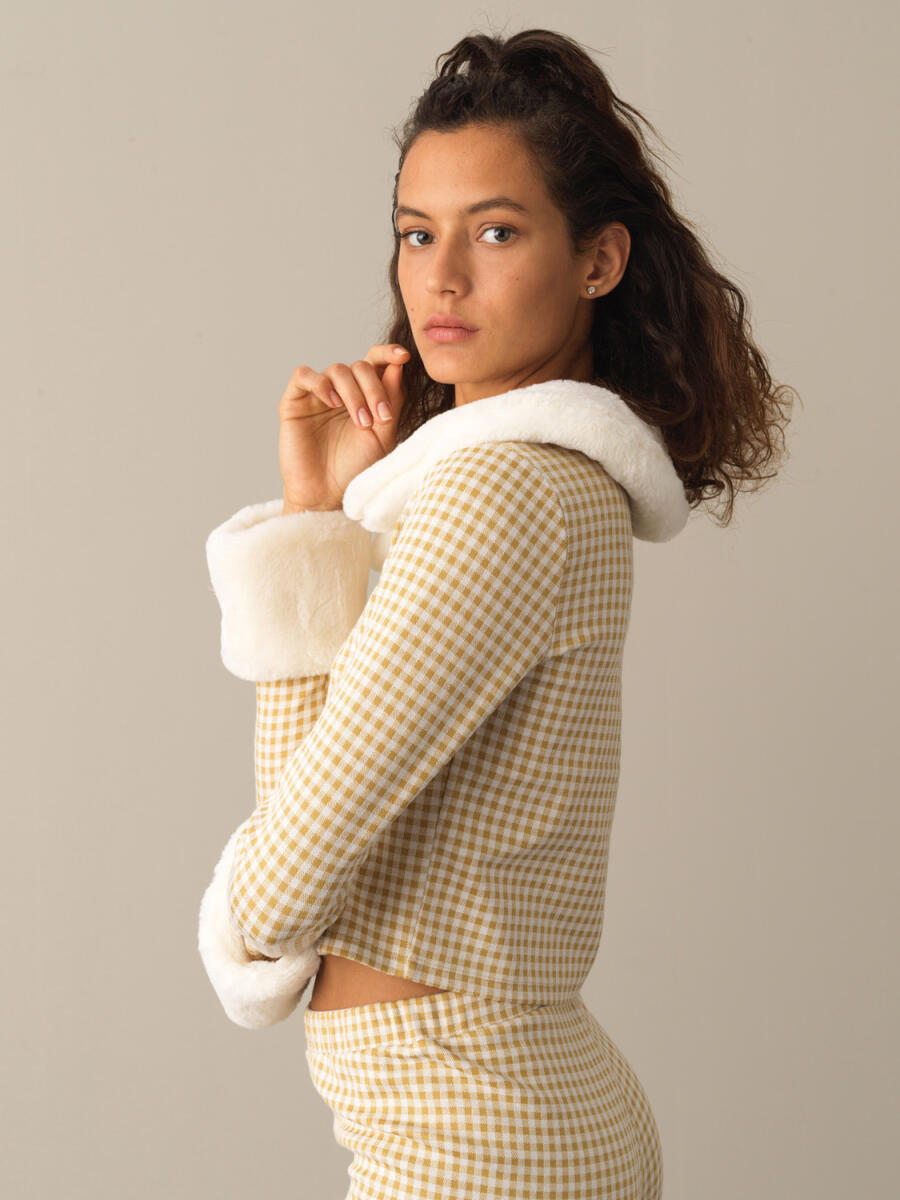 Fur-Collared Cotton Regular Fit Checked Jacket - 3