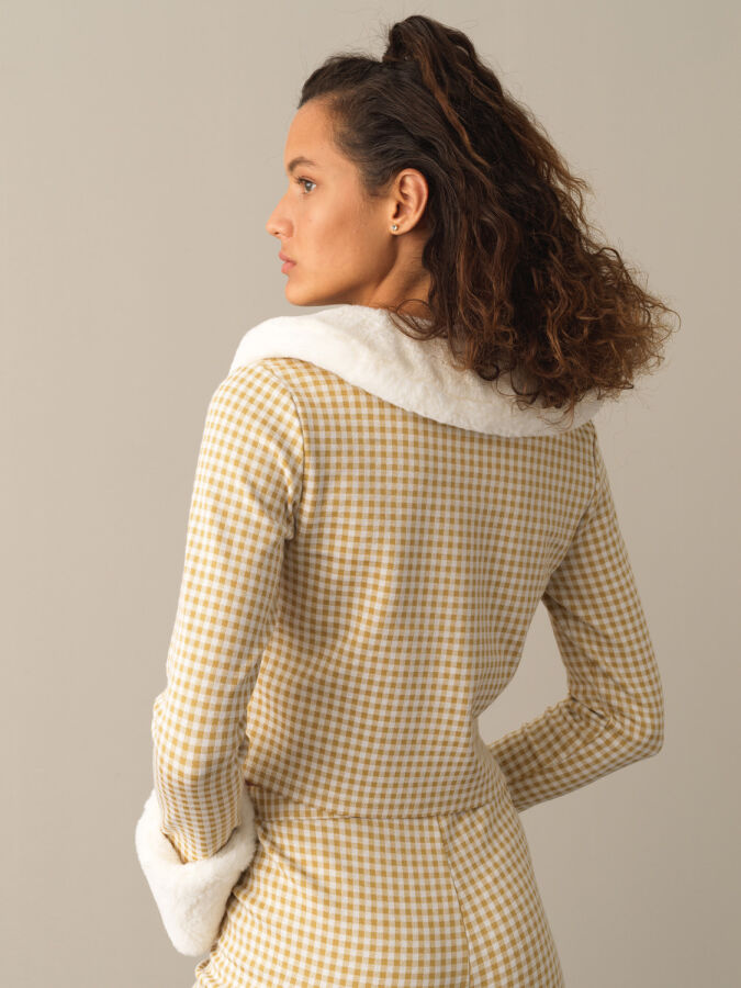 Fur-Collared Cotton Regular Fit Checked Jacket - Xint