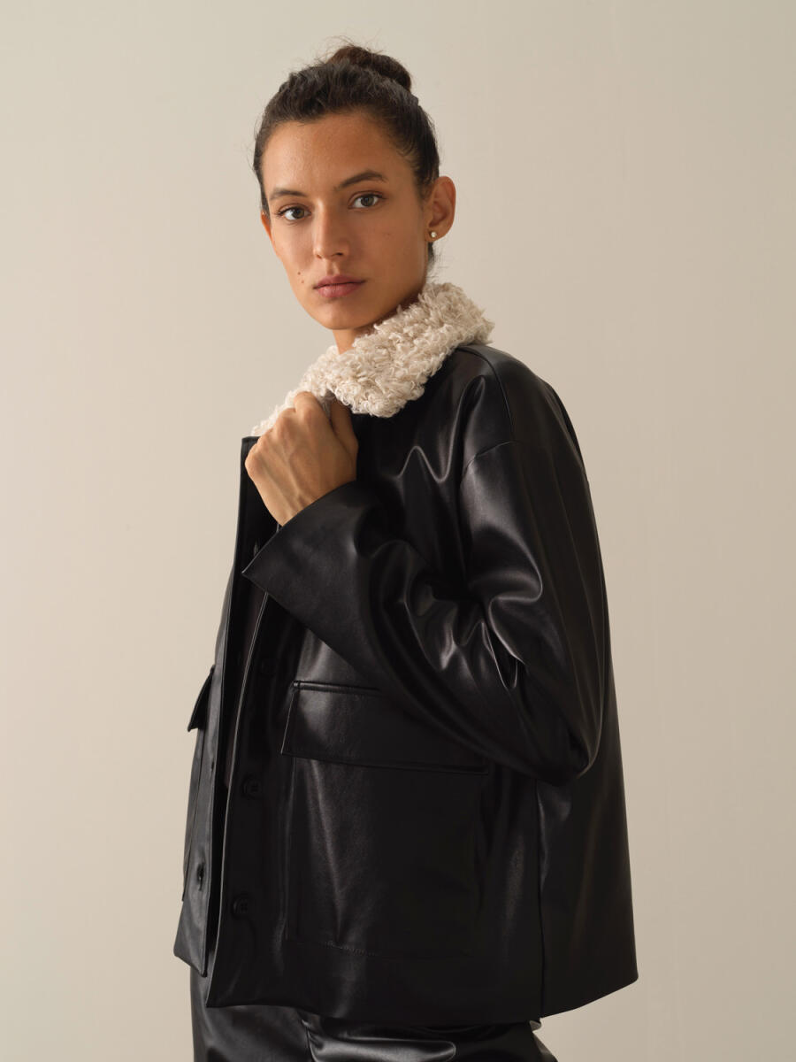 Fur-Collared Leather-Look Oversized Jacket