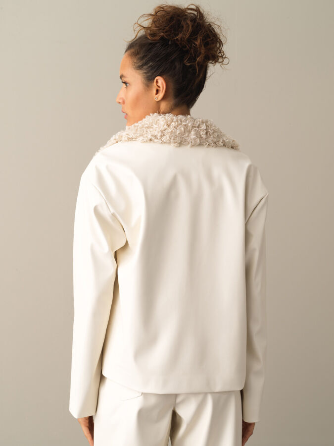 Fur-Collared Leather-Look Oversized Jacket - 4