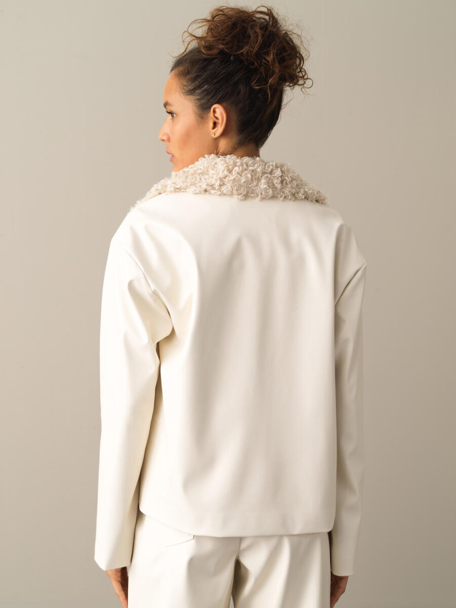 Fur-Collared Leather-Look Oversized Jacket - 4