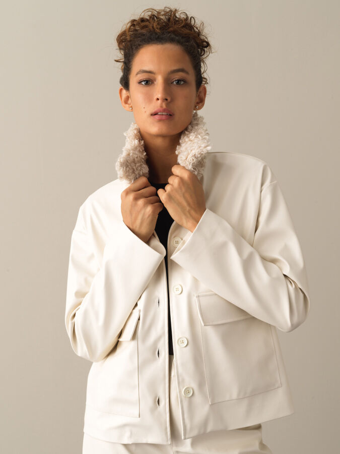 Fur-Collared Leather-Look Oversized Jacket - 1