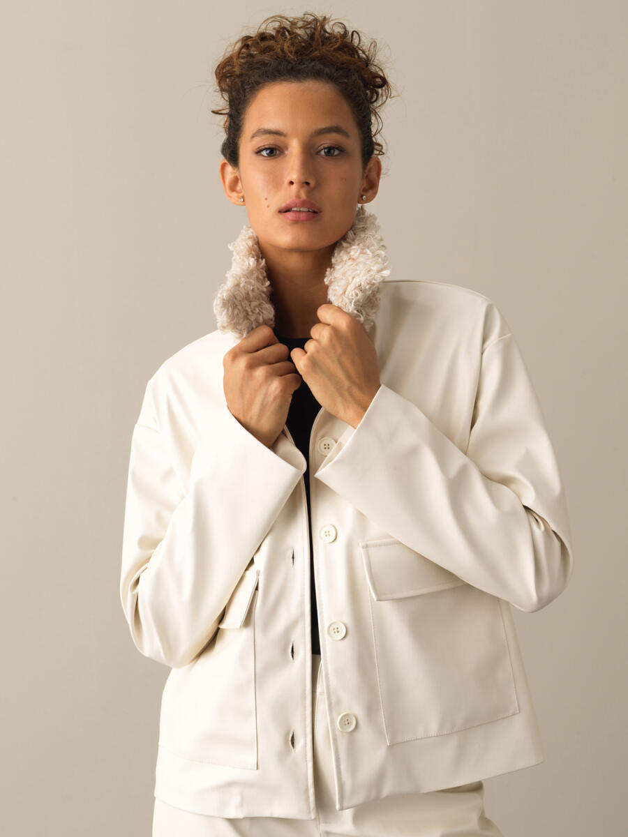 Fur-Collared Leather-Look Oversized Jacket - 1