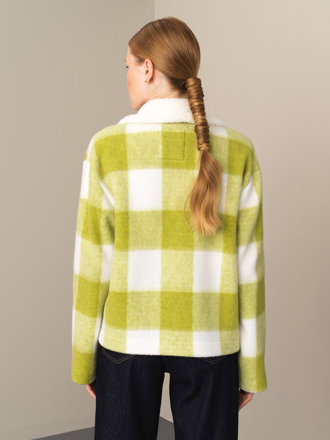 Fur-Collared Regular Fit Buttoned Checked Jacket - Xint