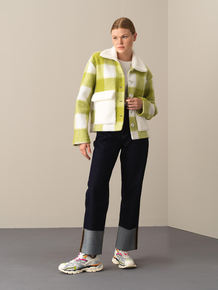 Fur-Collared Regular Fit Buttoned Checked Jacket - 2