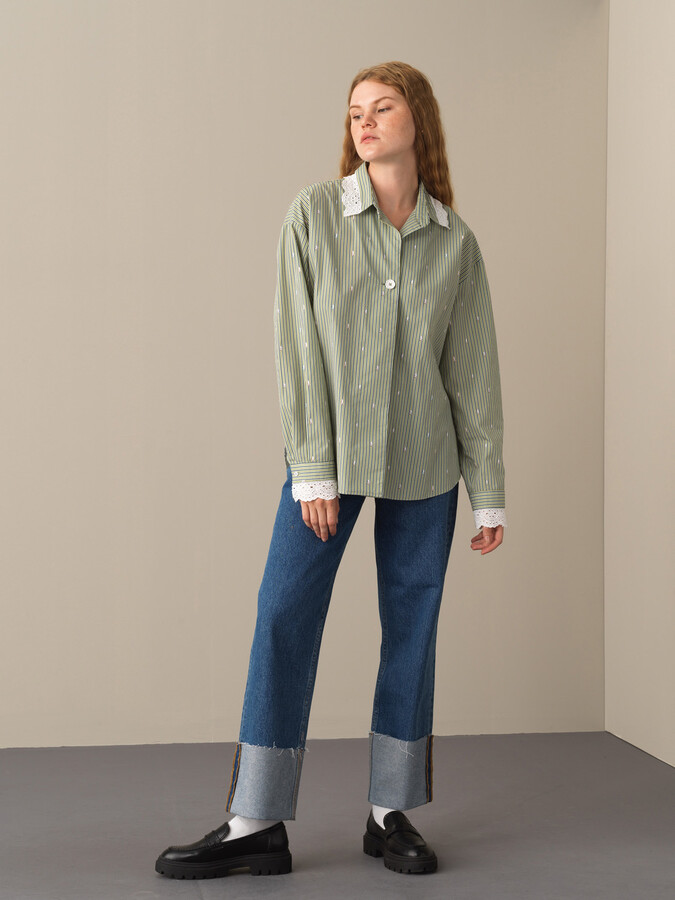 100% Cotton Oversized Striped Shirt - Xint