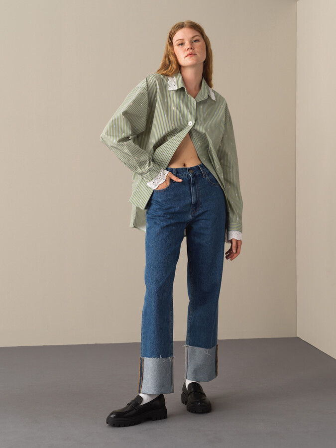 100% Cotton Oversized Striped Shirt - Xint