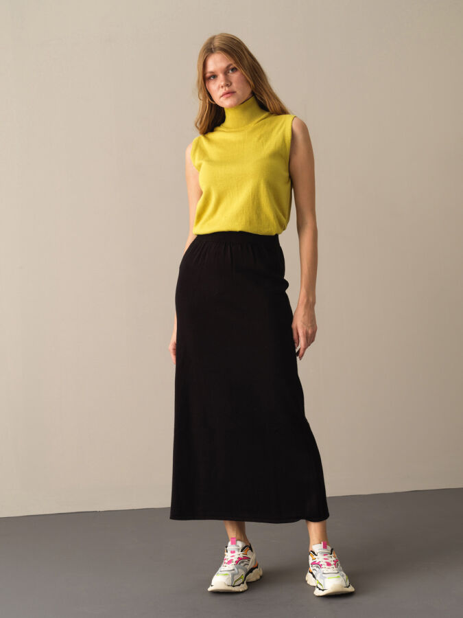 Elastic Waist Regular Fit Knitted Long Skirt - Xint