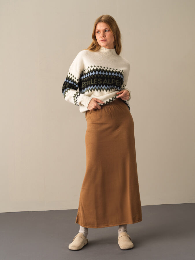 Elastic Waist Regular Fit Knitted Long Skirt - Xint