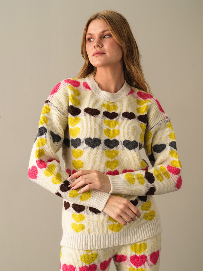 Crew Neck Oversized Patterned Sweater - Xint