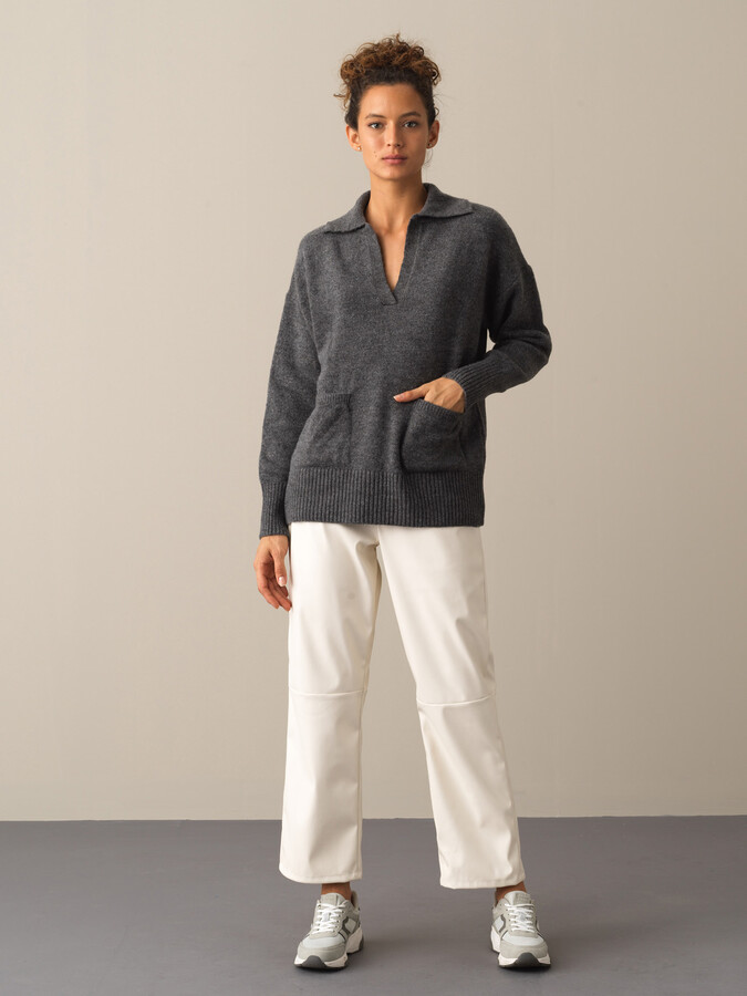 Open V-Neck Oversized Pocket Sweater - Xint