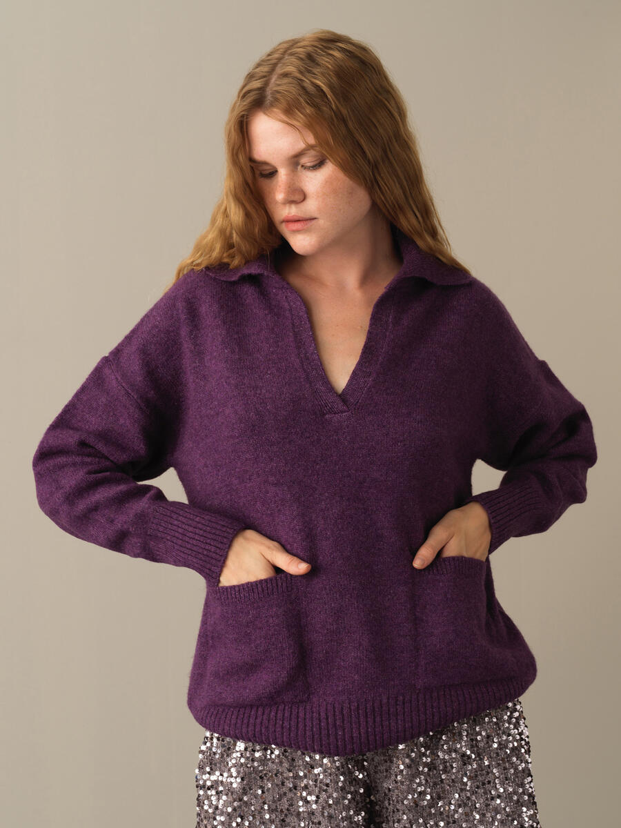 Open V-Neck Oversized Pocket Sweater